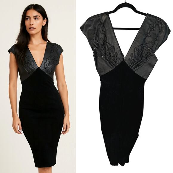 Vintage 80s Climax David Howard Sz 2 Embroidered Leather Suede Midi Dress Black - Picture 1 of 6